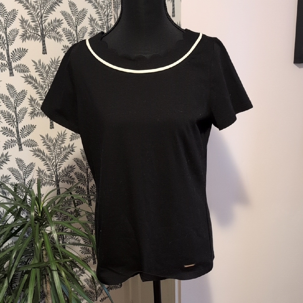 NWT! Anne Klein Black Short Sleeve Top with White Trim